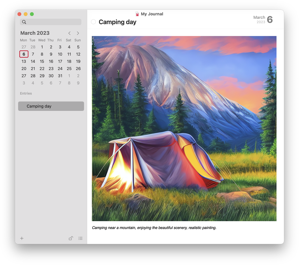 Screenshot of Mémoires showing an entry with the image generated with prompt 'Camping near a mountain, enjoying the beautiful scenery, realistic painting.'