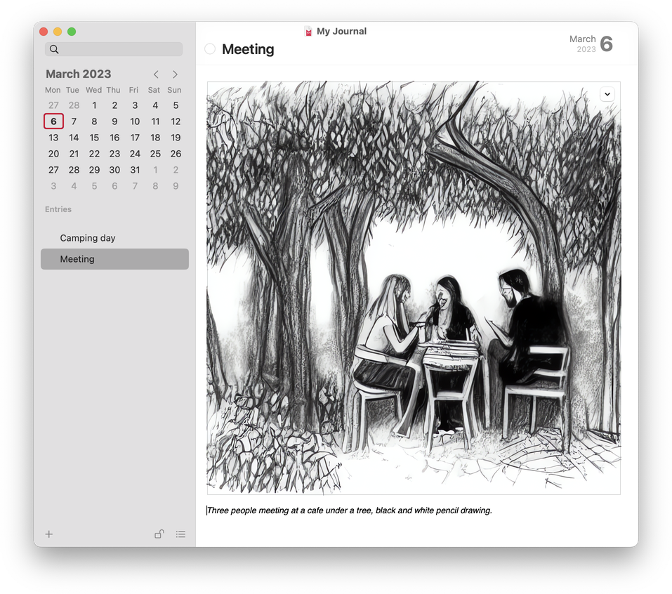 Screenshot of Mémoires showing an entry with the image generated with prompt 'Three people meeting at a cafe under a tree, black and white pencil drawing.'
